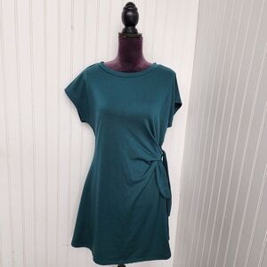 See You Monday Tie Waist Short Sleeve Shirt Dress Teal Turquoise Green Stretch L